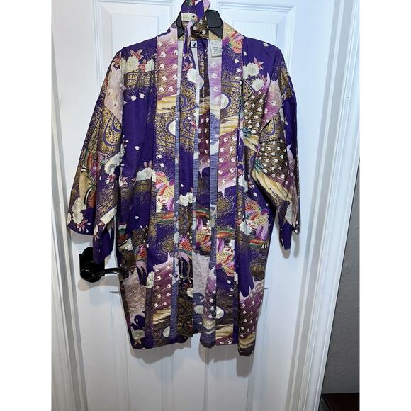 Vintage Juguemm Japanese Kimono Robe Women Sz 35 Birds Purple Gold W/ Belt MINT - Picture 2 of 5